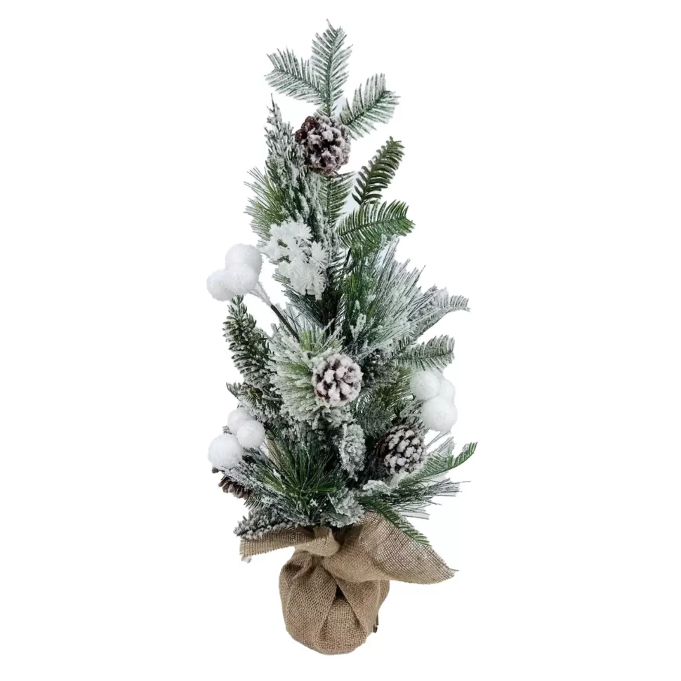 Christmas Forever TREE TABLETOP 24″ FLOCKED MIXED PINE W/ PINE CONES AND WHITE SNOW BALLS