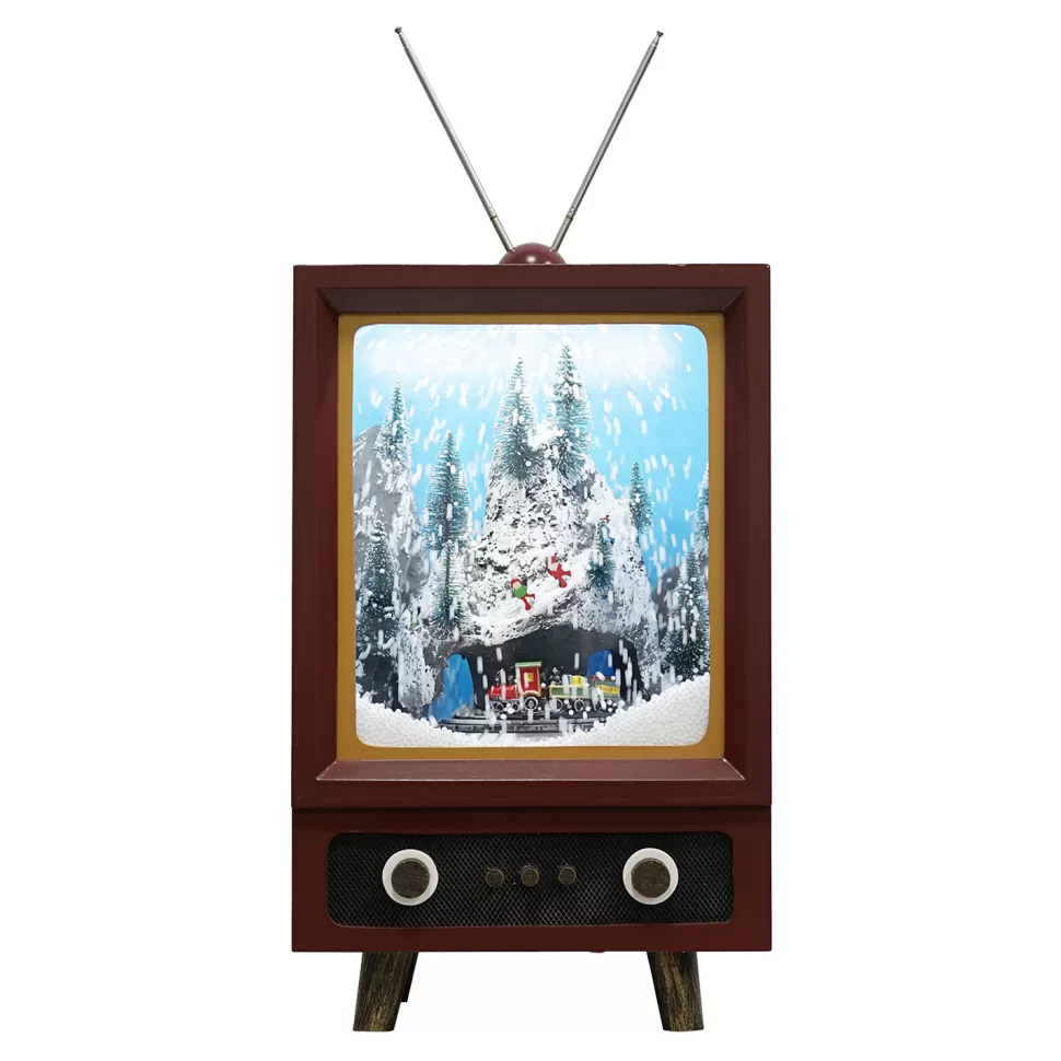 Christmas Forever VINTAGE TV WITH ALPINE & MOVING TRAIN SNOWING SCENE 17″