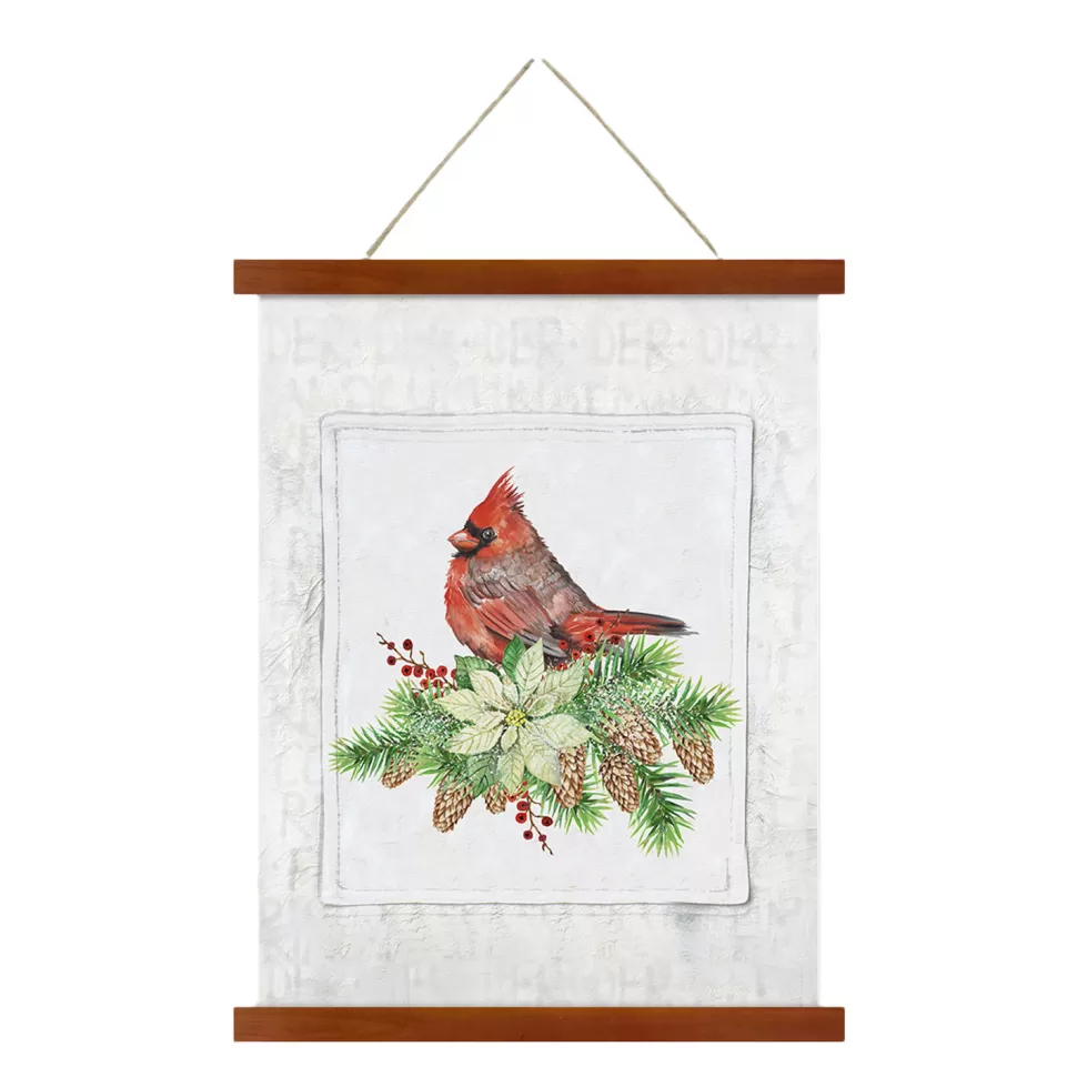 Christmas Forever WALL SCROLL CARDINAL ON A POINSETTIA & PINE 15.5″x19.5″