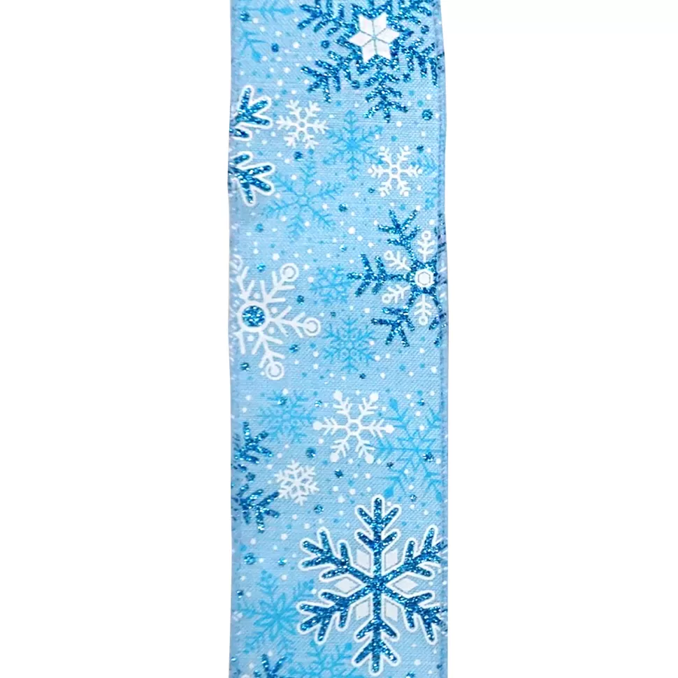 Christmas Forever WIRED RIBBON 2.5″X10 YDS BLUE- LIGHT WITH GLITTER SNOWFLAKES