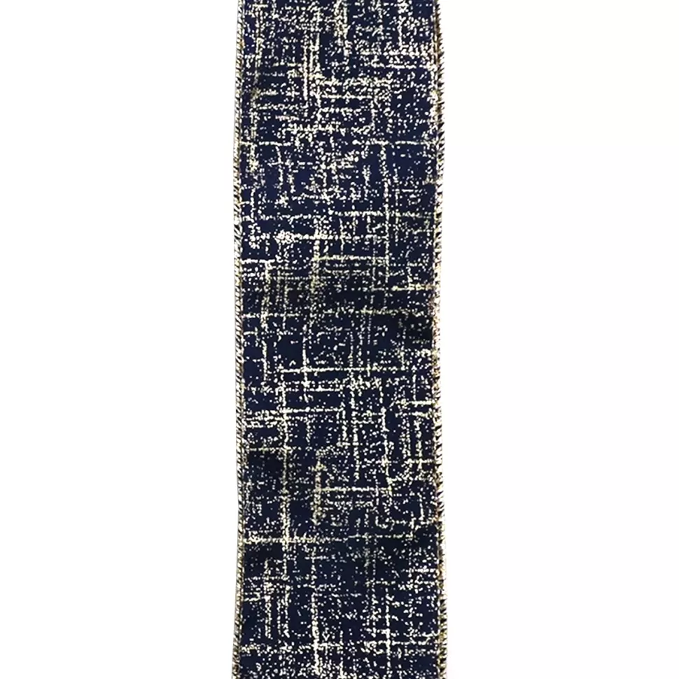 Christmas Forever WIRED RIBBON 2.5″X10 YDS BLUE NAVY W/ GOLD CRISS-CROSS DESIGN