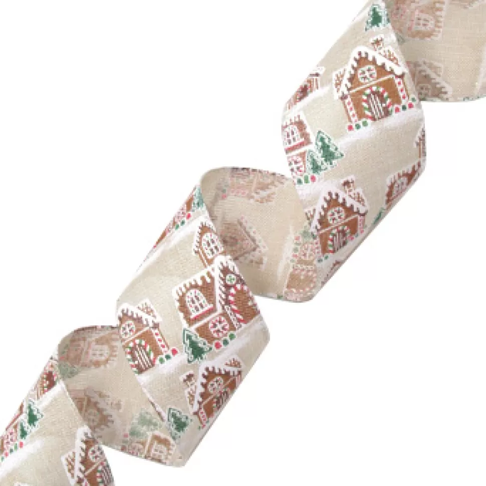 Christmas Forever WIRED RIBBON 2.5″x10 YDS. BURLAP W/ BROWN, RED & GREEN SNOWED GINGERBREAD HOUSE