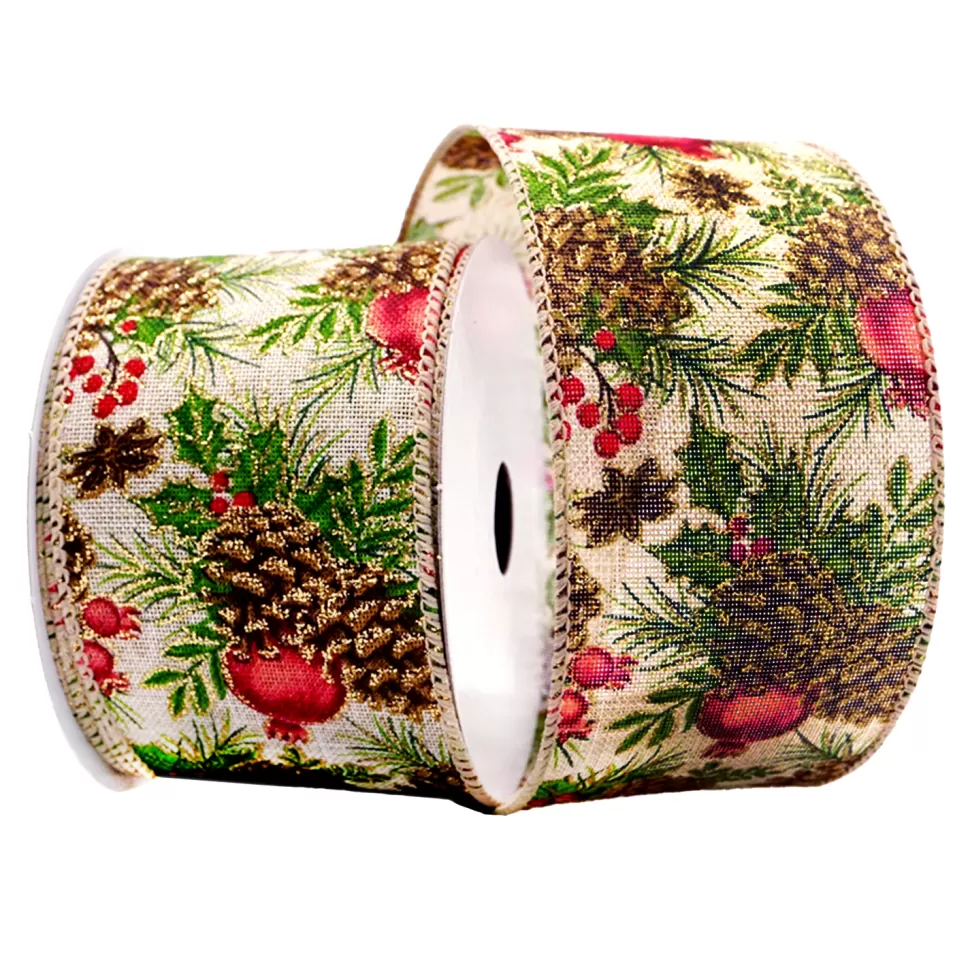 Christmas Forever WIRED RIBBON 2.5″x10 YDS. CREAM W/ EVERGREENS & PINECONES