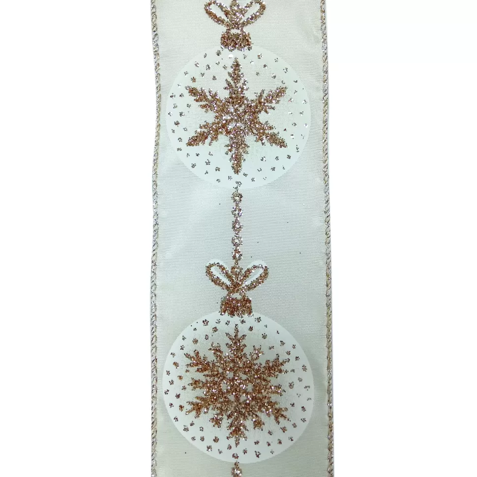 Christmas Forever WIRED RIBBON 2.5″X10 YDS IVORY W/ GOLD SNOWFLAKES IN BALL