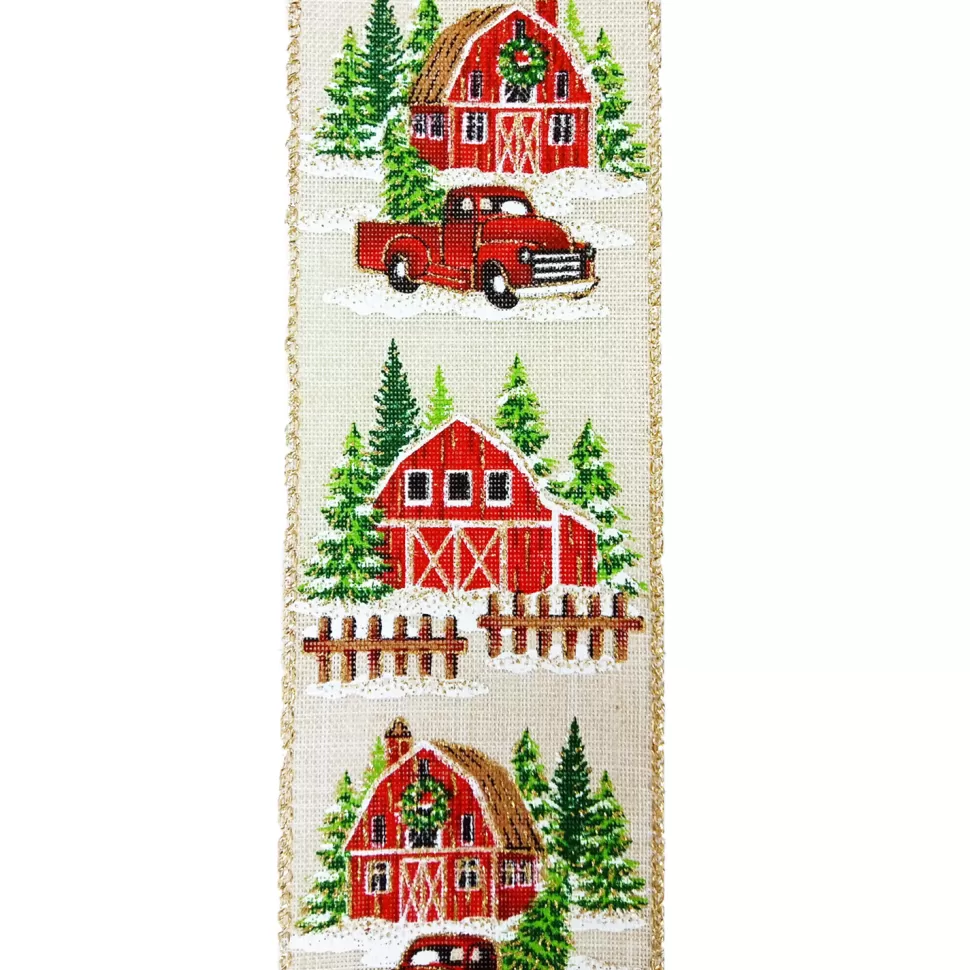 Christmas Forever WIRED RIBBON 2.5″X10 YDS NATURAL W/RED BARN & TRUCK