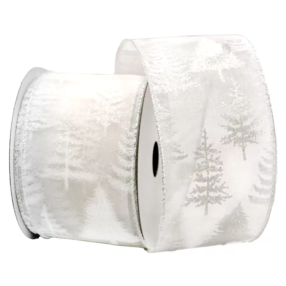 Christmas Forever WIRED RIBBON 2.5″x10 YDS. WHITE SHEER W/ TREES