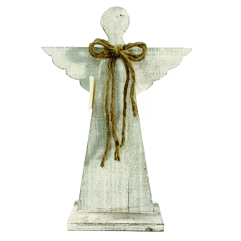 Christmas Forever WOODEN ANGEL 15.5″ WHITE WASH FINIISH W/ YARN BOW