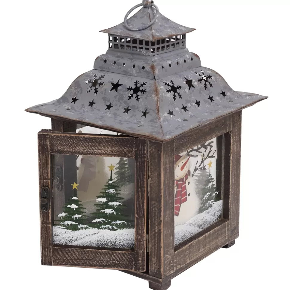 Christmas Forever WOODEN LANTERN 11″H TIN ROOF W/SNOWMAN SCENE