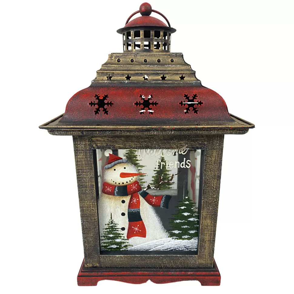 Christmas Forever WOODEN LANTERN 14″H W/SNOWMAN DESIGN 8″X8″X14″