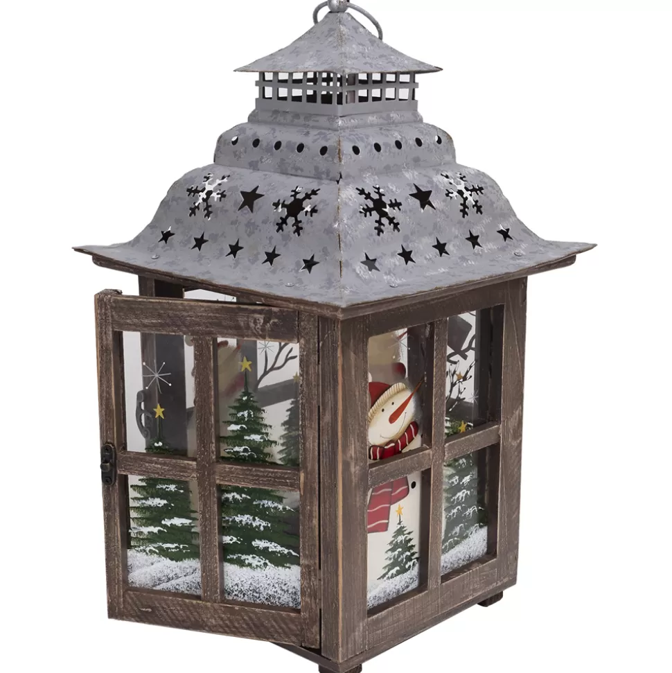 Christmas Forever WOODEN LANTERN 15″H W/TIN ROOF &SNOWMAN SCENE