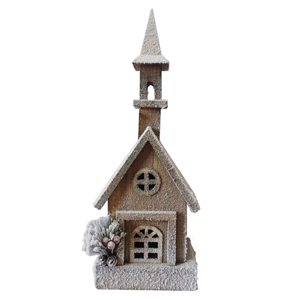 Christmas Forever WOODEN NAT. CHURCH 18″ W/ SNOW LED LIGHTS 3AA BATTERY W/TIMER