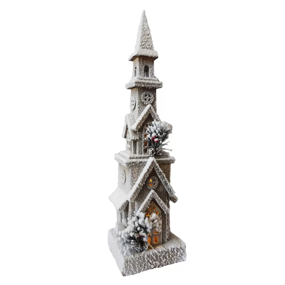 Christmas Forever WOODEN NAT. CHURCH 5.5″x6″x24″ W/ SNOW LED LIGHTS 3AA BATTERY W/ TIMER