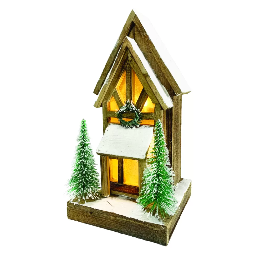 Christmas Forever WOODEN NAT. CHURCH 9.5″x12.5″ WITH LED LIGHTS SNOW & TREES