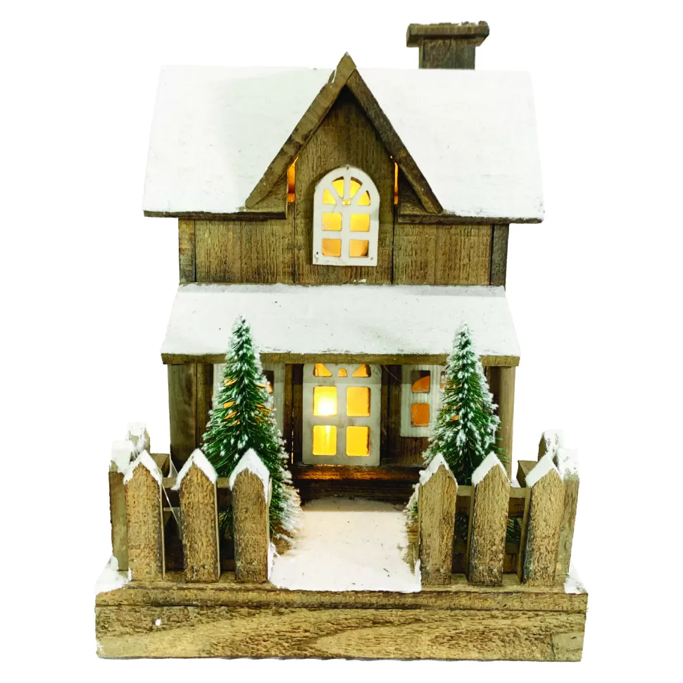 Christmas Forever WOODEN NAT. HOUSE 9.5″x13.5″ WITH LED LIGHTS SNOW & TREES