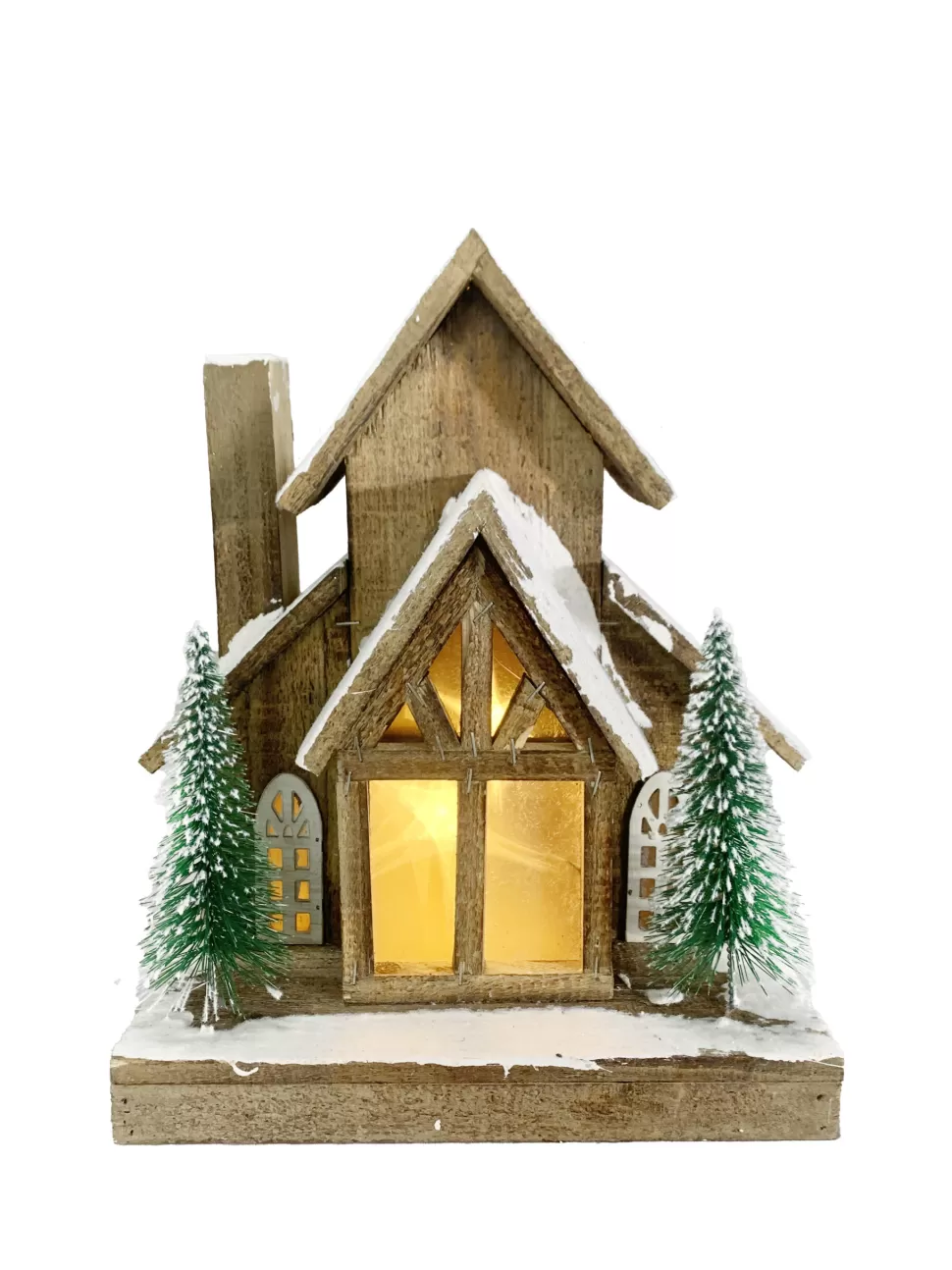 Christmas Forever WOODEN NAT. HOUSE WOODEN 10.5″Wx13.5″H W/ LED LIGHTS SNOW AND TREES