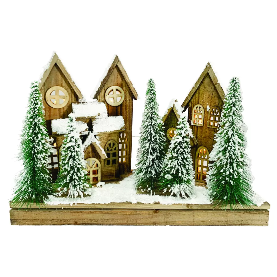 Christmas Forever WOODEN NAT. VILLAGE SCENE 17.5″x12″ W/ LED LIGHTS SNOW & TREES