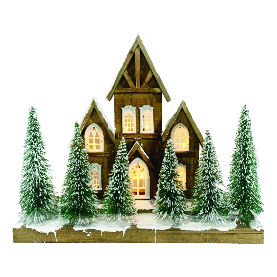 Christmas Forever WOODEN NAT. VILLAGE SCENE 17.5″x15″ W/ LED LIGHTS SNOW & TREES