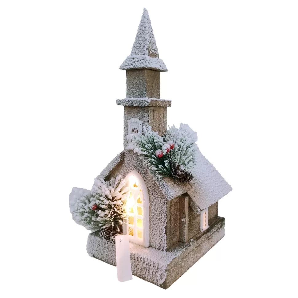 Christmas Forever WOODEN NAT./FLOCKED CHURCH 14.5″+10L W/ LED B/O (NOT INCLUDED) W/ TIMER