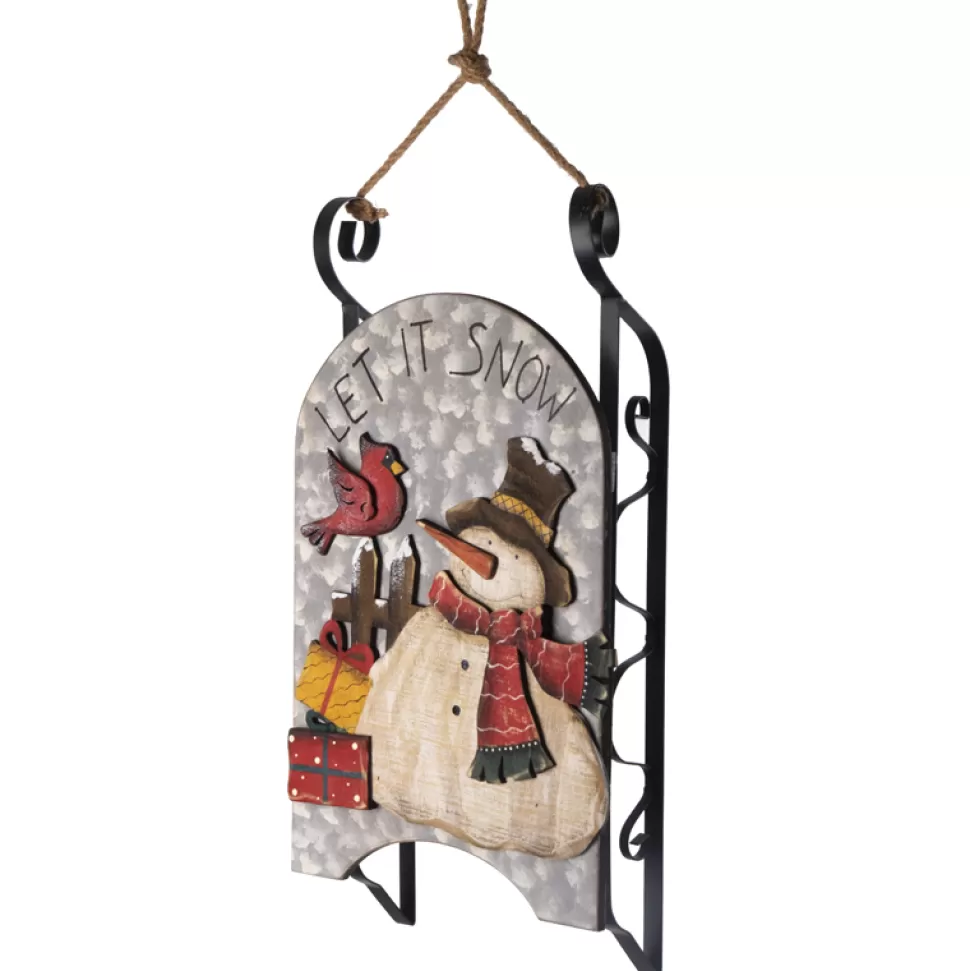 Christmas Forever WOODEN SNOWMAN 17″ ON SLEIGH W/ TIN LOOK
