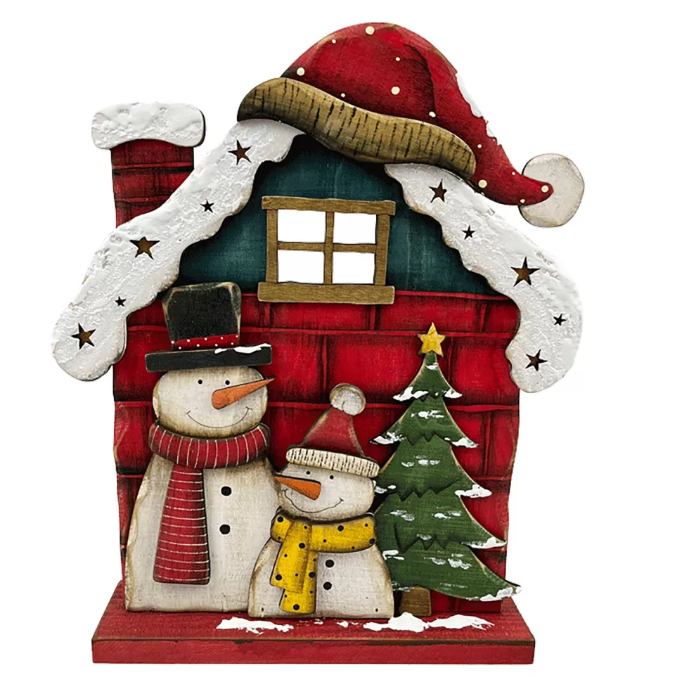 Christmas Forever WOODEN SNOWMAN HOUSE STAND 13″ W/SNOWY ROOF & SANTA HAT