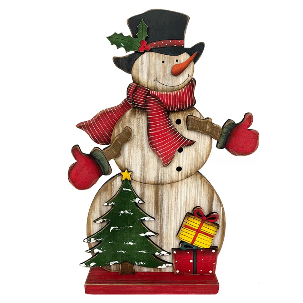 Christmas Forever WOODEN SNOWMAN STAND 12.5″ W/TREE AND PRESENTS