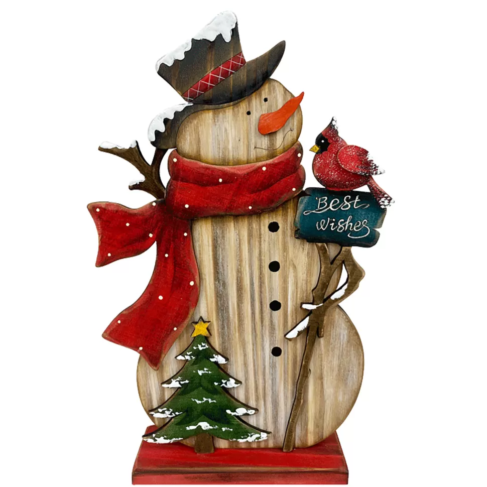 Christmas Forever WOODEN SNOWMAN W/CARDINAL ON BASE 7″X2″X12″