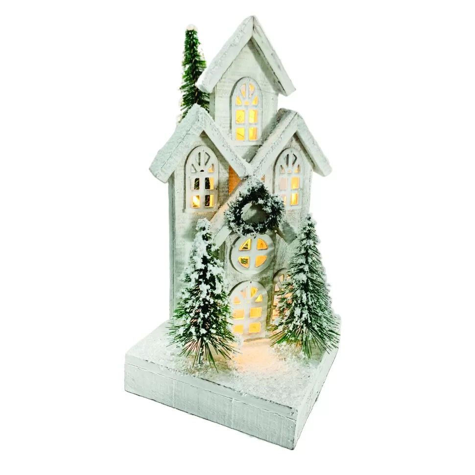 Christmas Forever WOODEN WHITE HOUSE 6.5″x15″ W/ LED LIGHTS SNOW & TREES