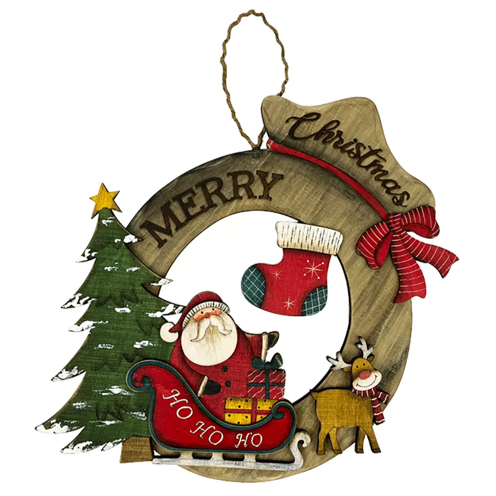 Christmas Forever WOODEN WREATH SANTA SCENE WALL DECOR 11″ W/”MERRY CHRISTMAS”