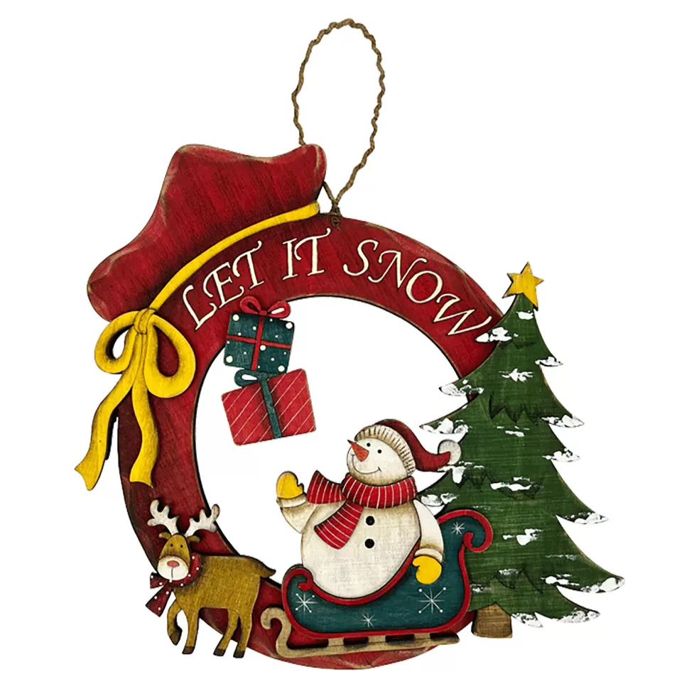 Christmas Forever WOODEN WREATH SNOWMAN SCENE WALL DECOR 11″ W/”LET IT SNOW”