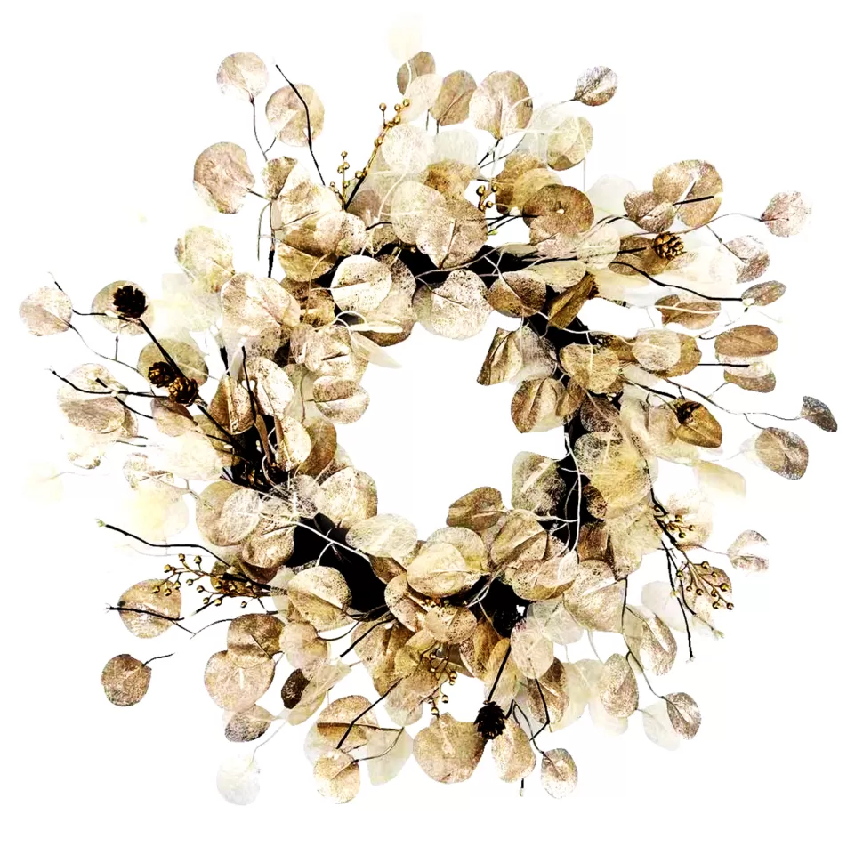 Christmas Forever WREATH EUCALYPTUS 26″ CHAMPAGNE /IVORY W/ PINECONES