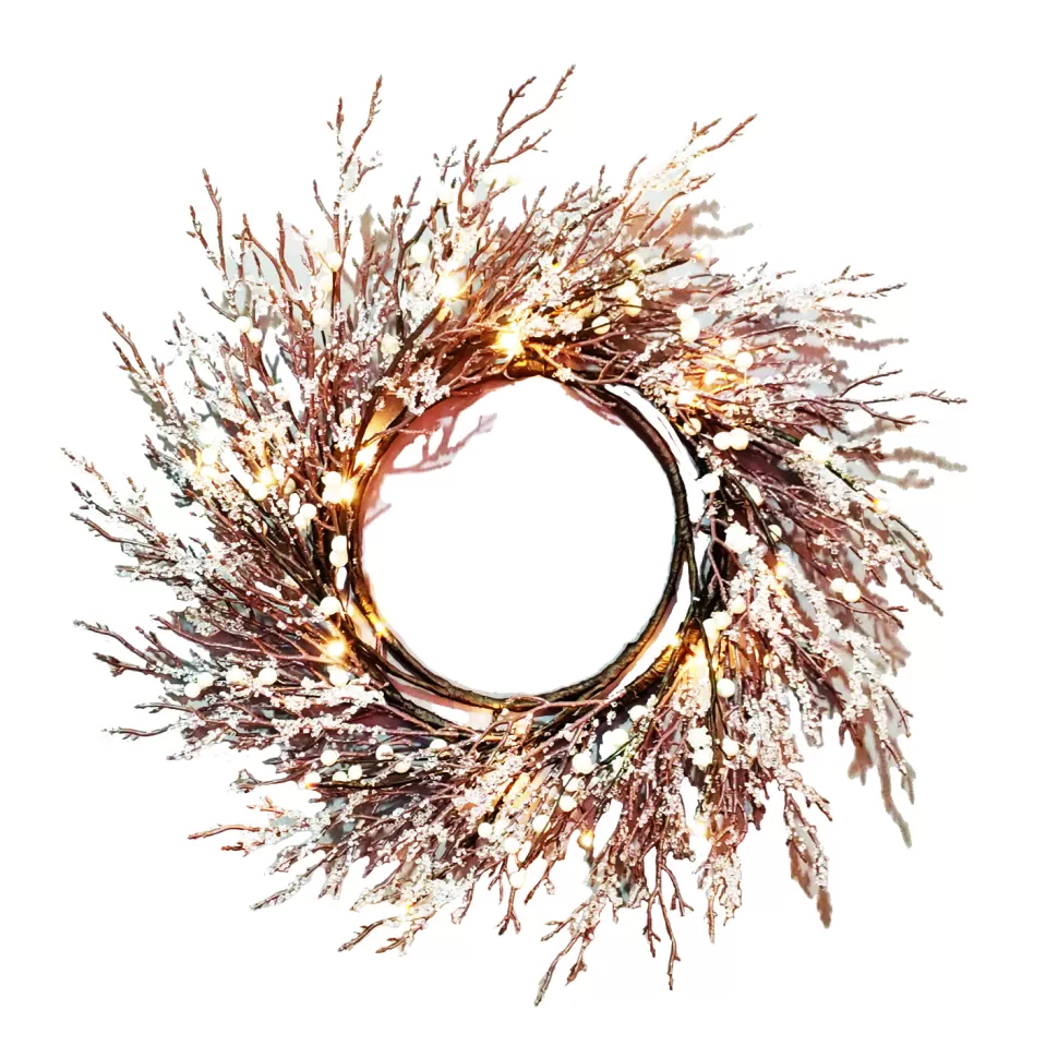 Christmas Forever WREATH FROSTED ICED 24″ W/ 24 LED LIGHTS BROWN / CLEAR