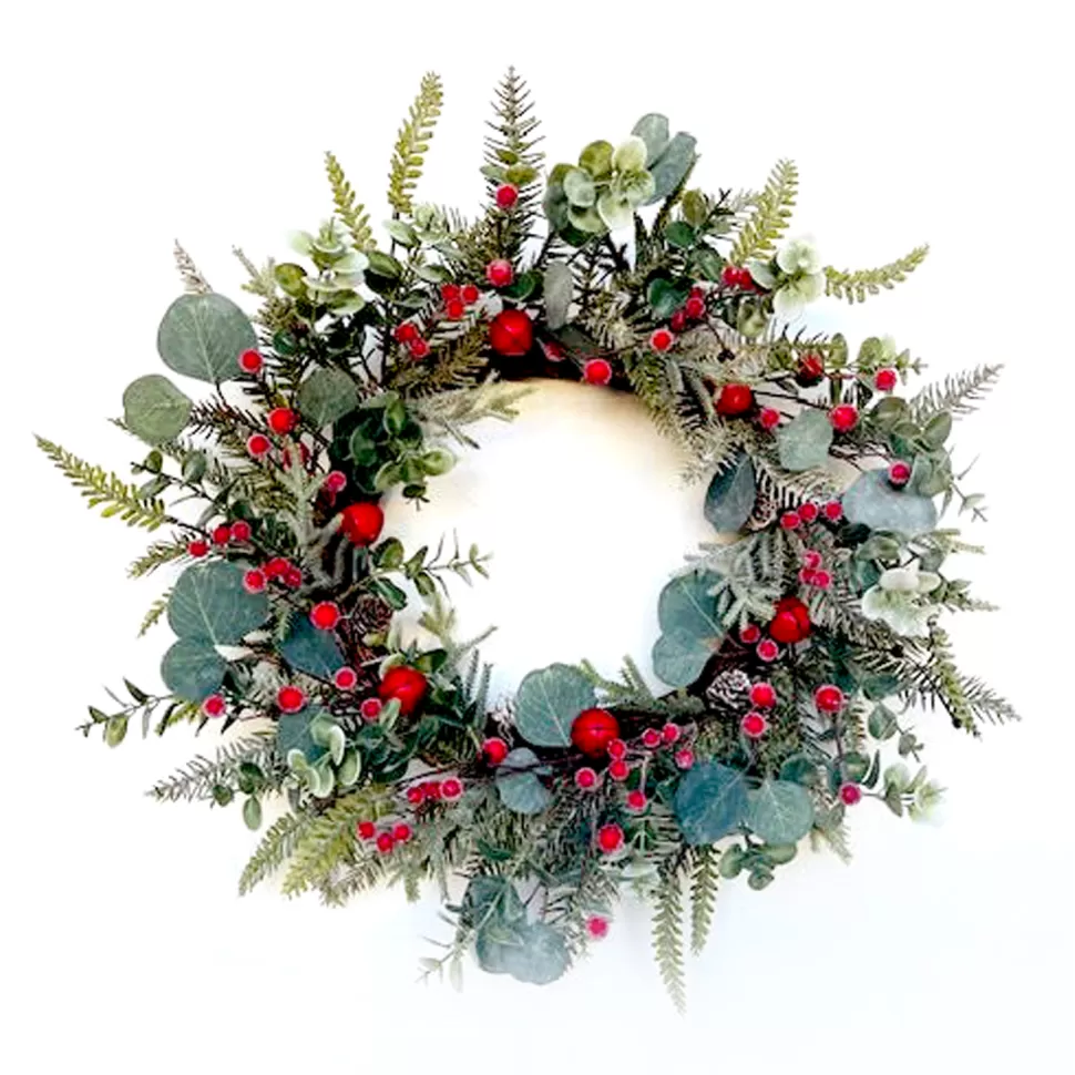 Christmas Forever WREATH GRN 20″ MIXED GREENERY, RED BERRIES & BELLS