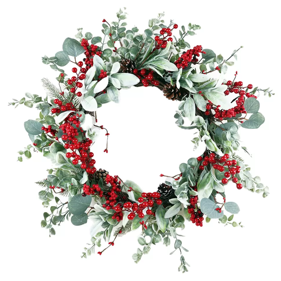 Christmas Forever WREATH GRN 24″ EUCALYPTUS & RED BERRIES 24″