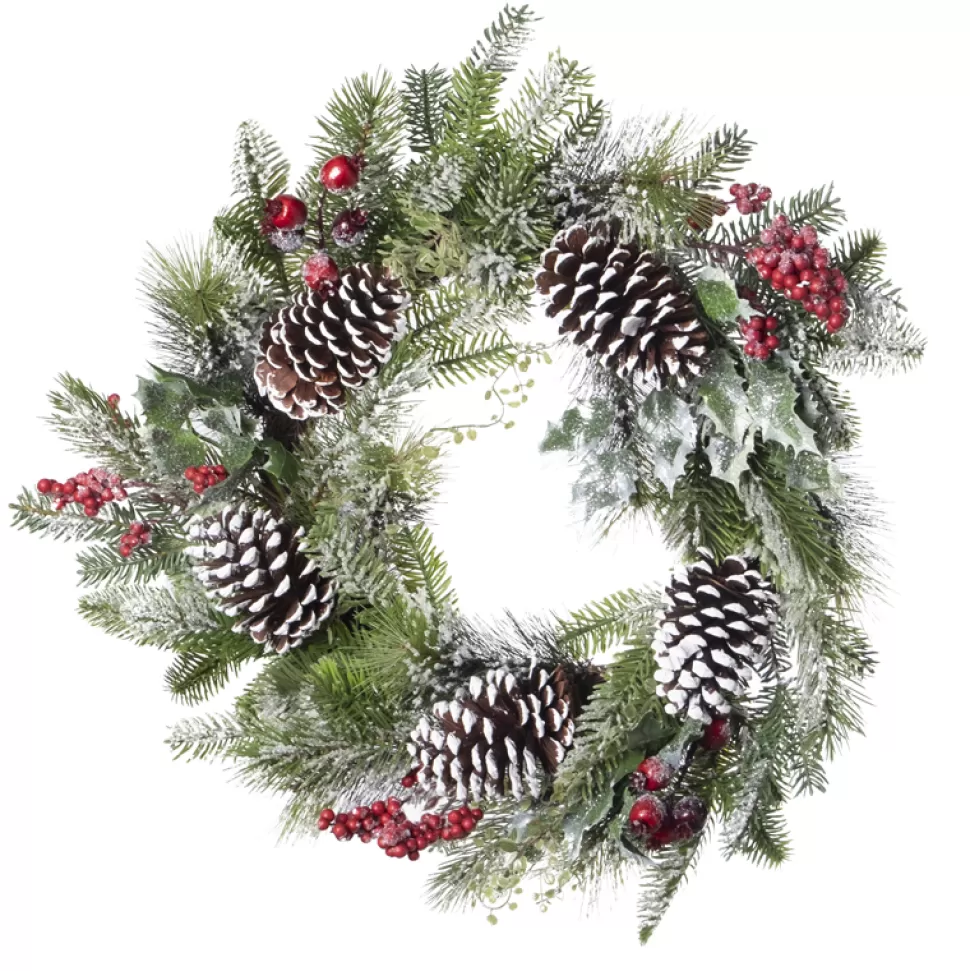 Christmas Forever WREATH GRN 24″ FROSTED MIXED NEEDLE PINE W/ PINE CONES & BERRIES