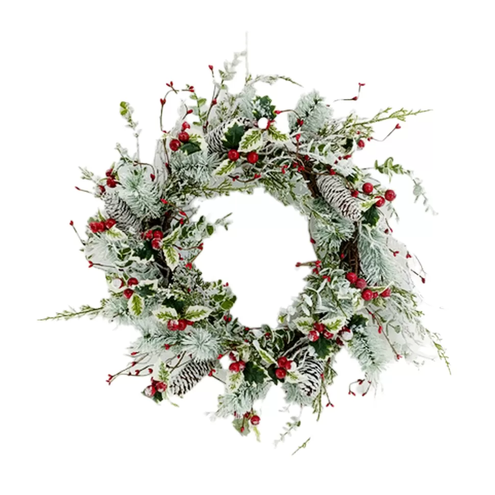 Christmas Forever WREATH GRN 24″ HOLLY LEAF, MIXED GREENS, RED BERRIES AND CONES FROSTED