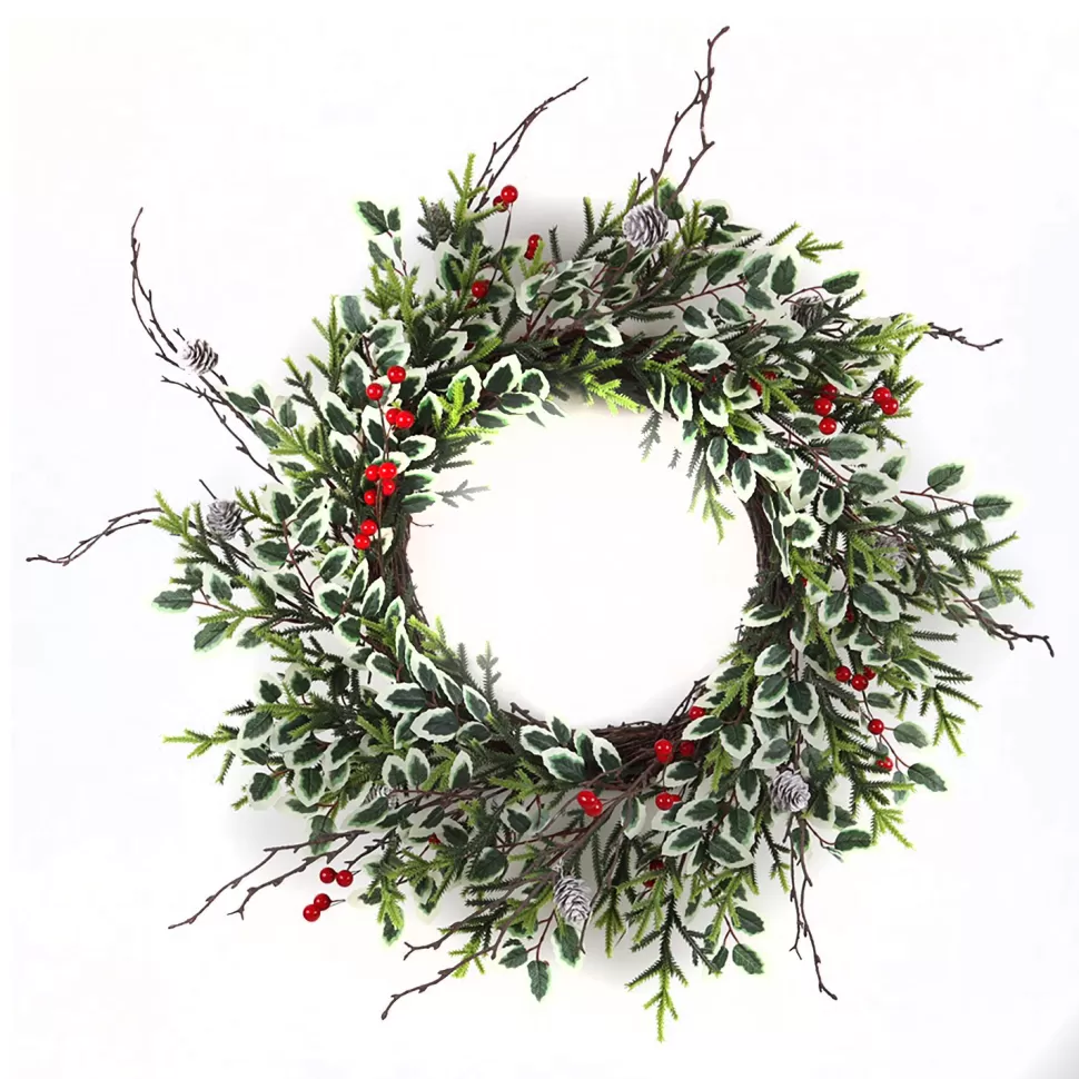 Christmas Forever WREATH GRN 24″ HOLLY LEAF, RED BERRY & MIXED PINE