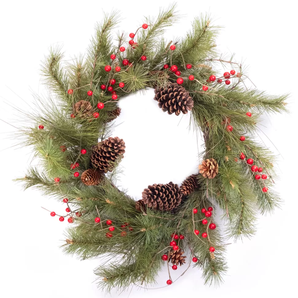 Christmas Forever WREATH GRN 24″ MIXED PINE W/RED BERRIES