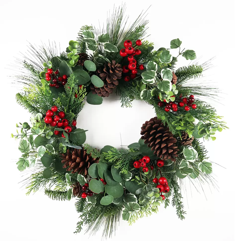 Christmas Forever WREATH MIXED PINE, EUCALYPTUS, CONES & BERRIES 28″ GREEN/RED