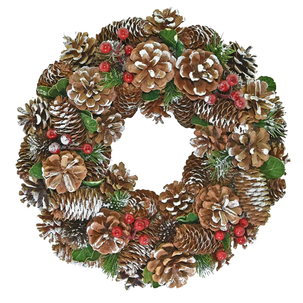 Christmas Forever WREATH PINE CONES 14″ WHITE PAINTING W/ RED BERRIES & GREENS
