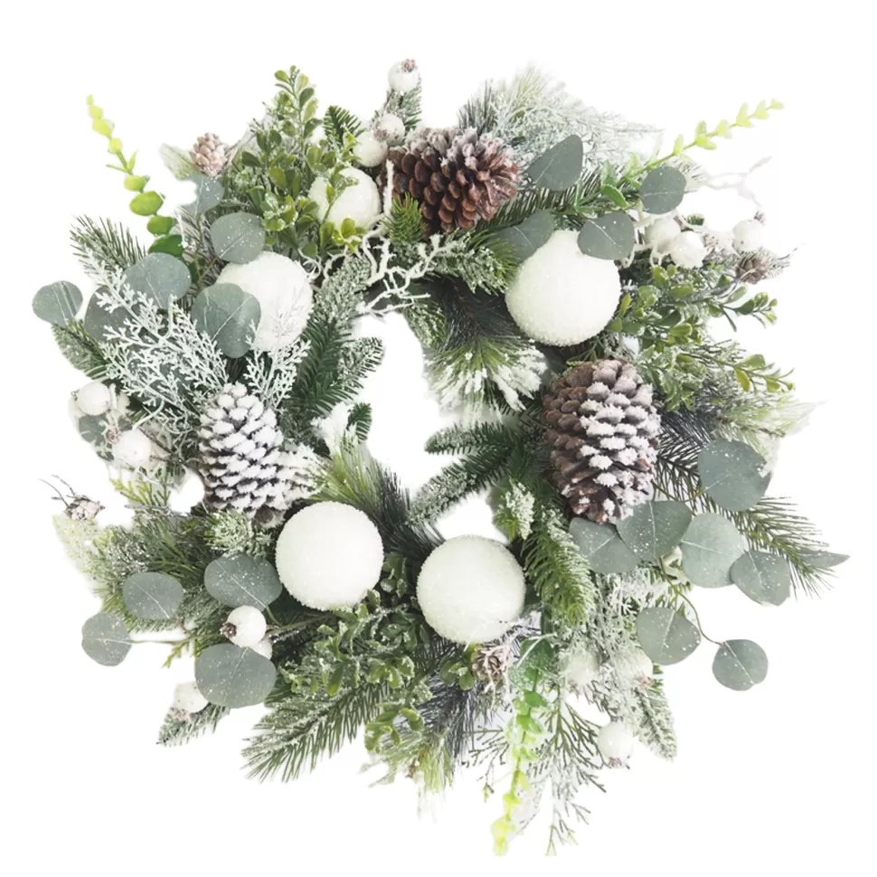 Christmas Forever WREATH PINE FROSTED 24″ MIXED PINE W/ EUCALPTUS, PINE CONES & SOW BALLS