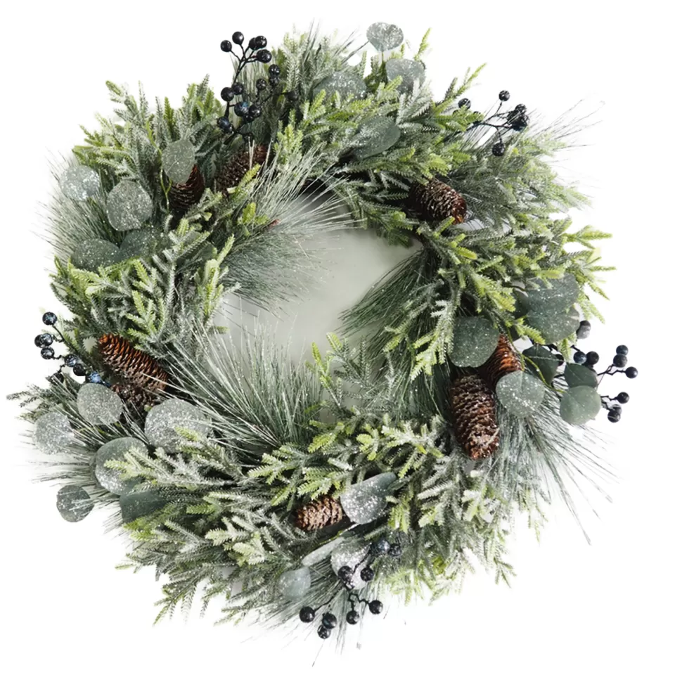 Christmas Forever WREATH PINE FROSTED 24″ MIXED PINE W/ EUCALYPTUS, BLACK BERRY & PINE CONES