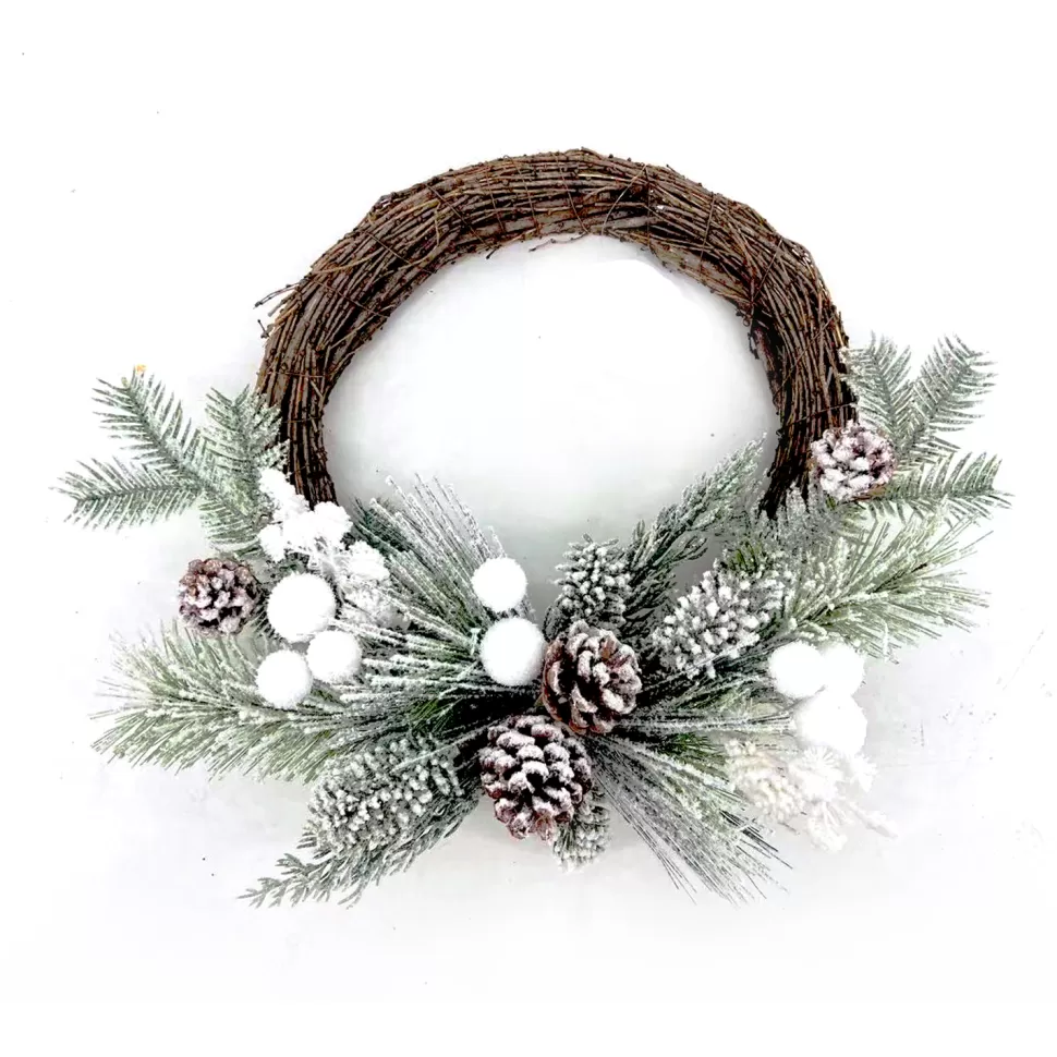 Christmas Forever WREATH RATTAN 17.5″ FLOCKED MIXED PINE W/ PINE CONE AND WHITE SNOW BALLS