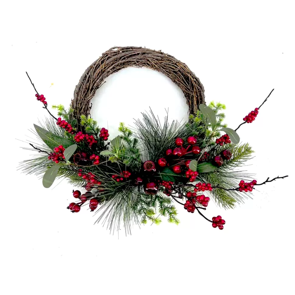 Christmas Forever WREATH RATTAN 17.5″ MIXED RED BERRIES WITH PINE AND GREENERY