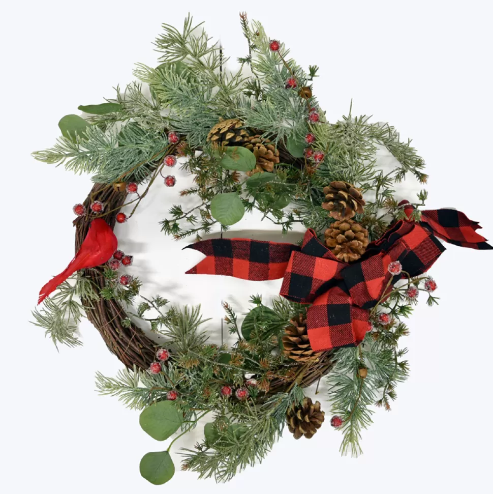 Christmas Forever WREATH RATTAN 20″ W/ MIXED GREENS, CARDINAL & BLK/ RED BUFFALO PLAID BOW