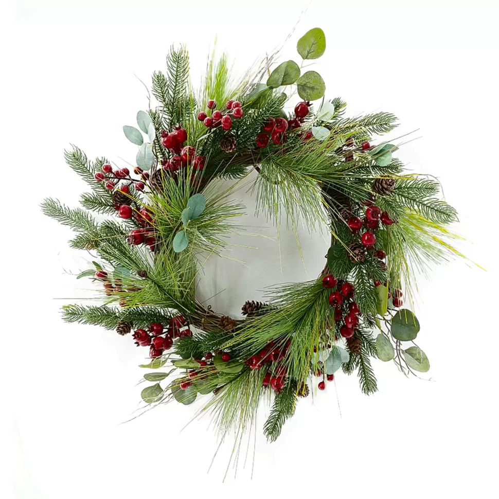 Christmas Forever WREATH RATTAN 22″ MIXED PINES W/ RED BERRIES