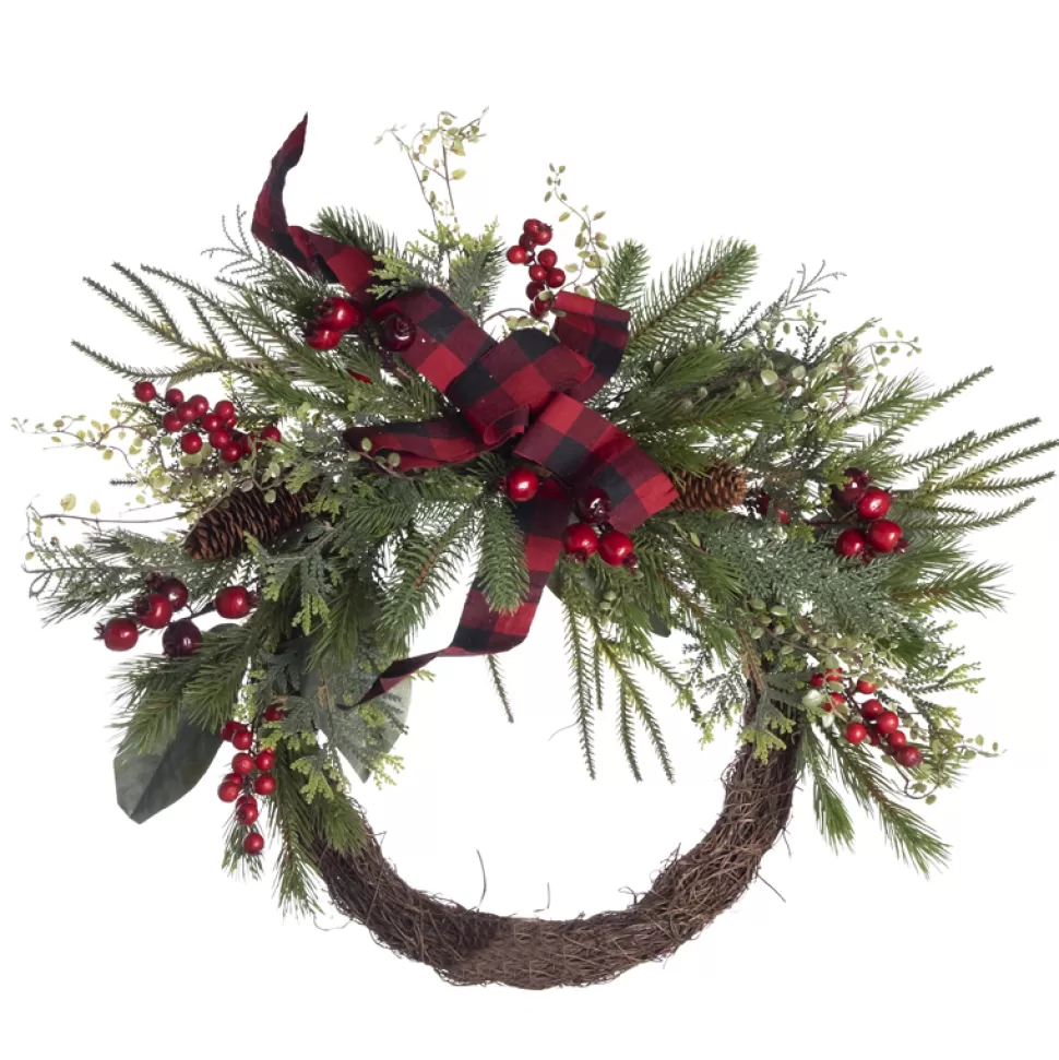 Christmas Forever WREATH RATTAN 22″ MULTI NEEDLE PINE W/ BERRIES & RED/BLK BUFFALO PLAID BOW