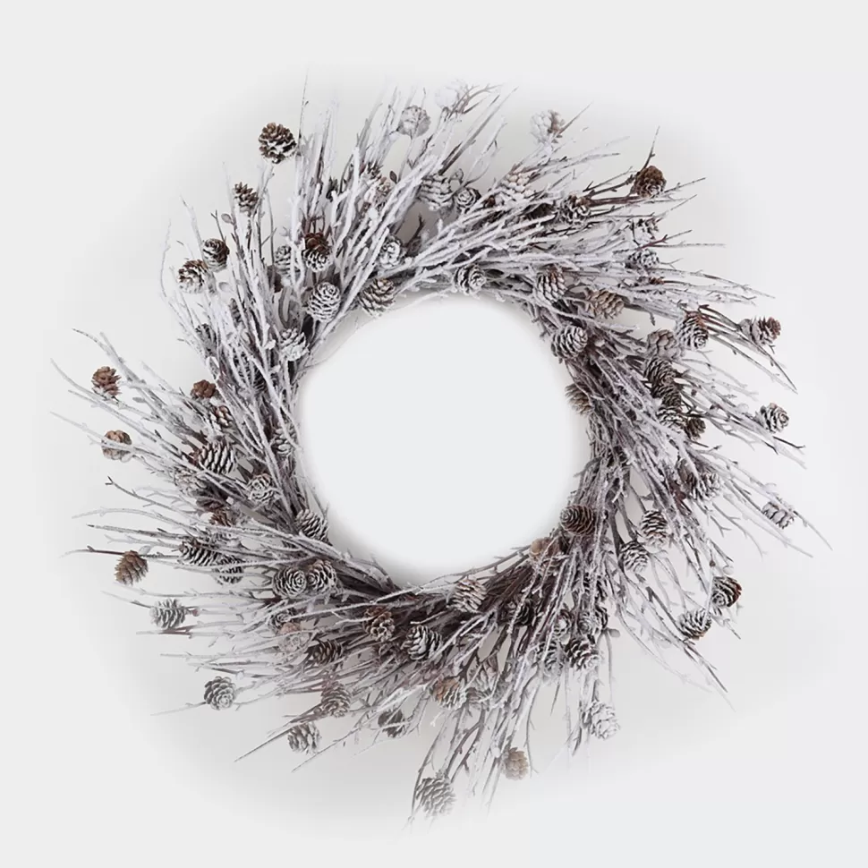 Christmas Forever WREATH RATTAN 24″ FLOCKED W/ MIXED TWIGS & PINE CONES