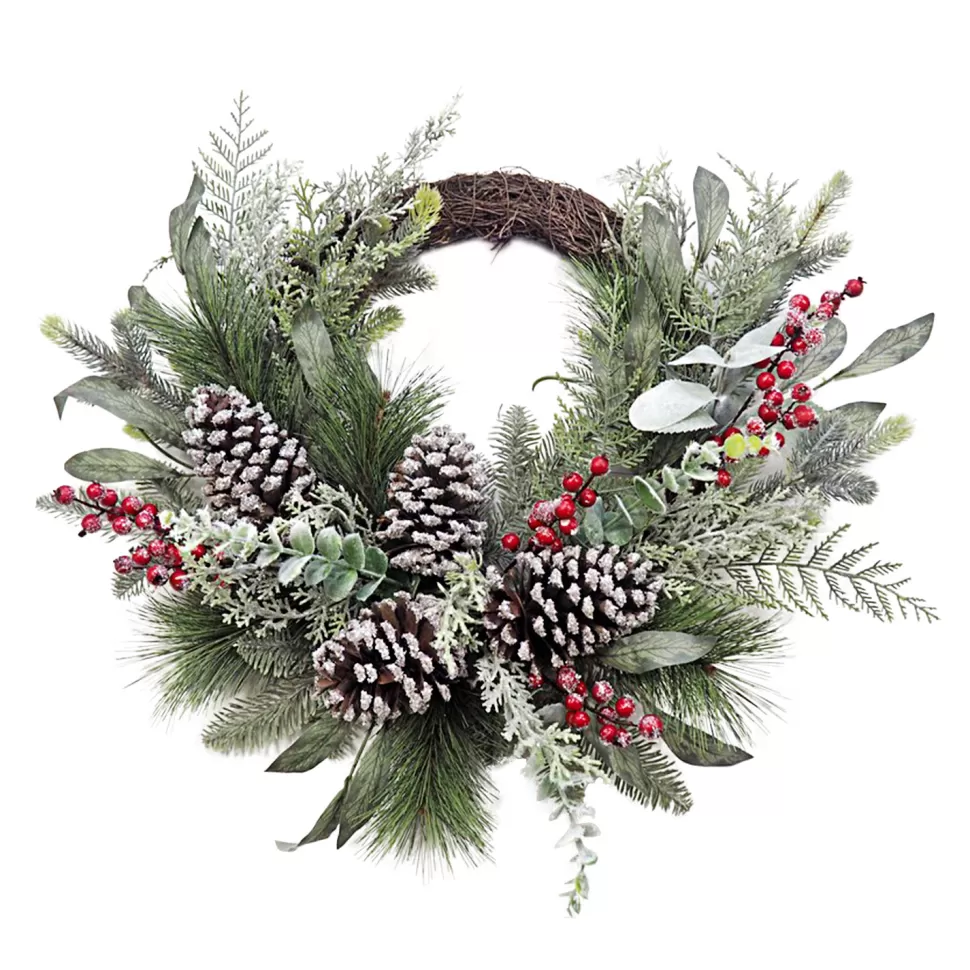 Christmas Forever WREATH RATTAN 24″ MIXED GREENERY, RED BERRY & CONEDS ICED/ FROSTED