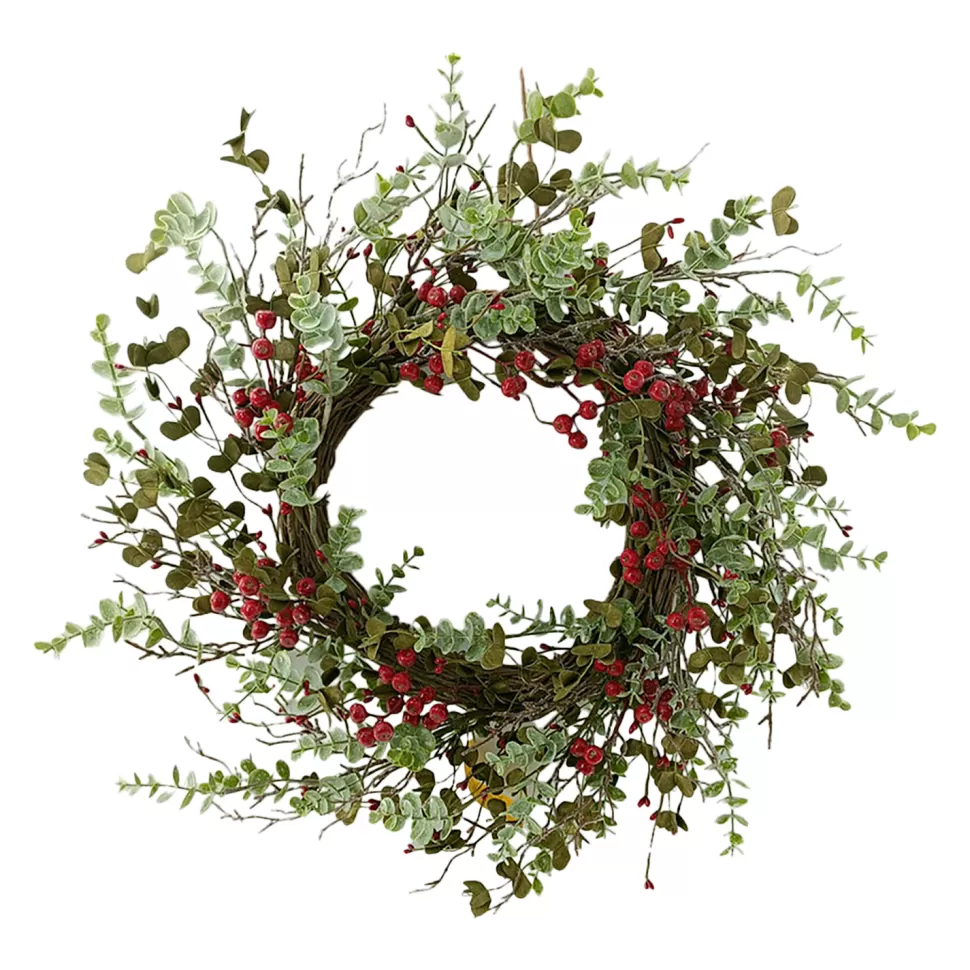 Christmas Forever WREATH RATTAN 24″ MIXED LEAVES W/ TWIGS & BERRIES