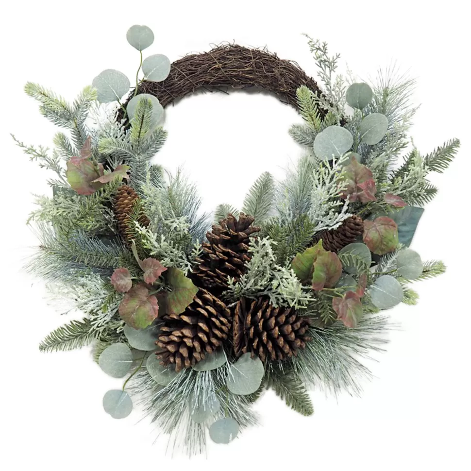 Christmas Forever WREATH RATTAN 24″ MIXED PINE, CEDAR, EUCALYPTUS, & PINE CONES
